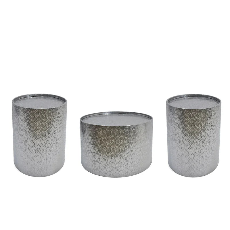 Set di tavoli rotondi in metallo martellato, 3 pezzi, argento/oro, per 1-4 persone