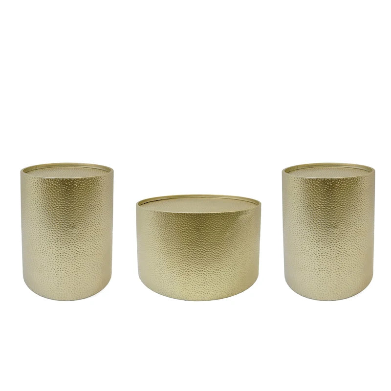 Set di tavoli rotondi in metallo martellato, 3 pezzi, argento/oro, per 1-4 persone