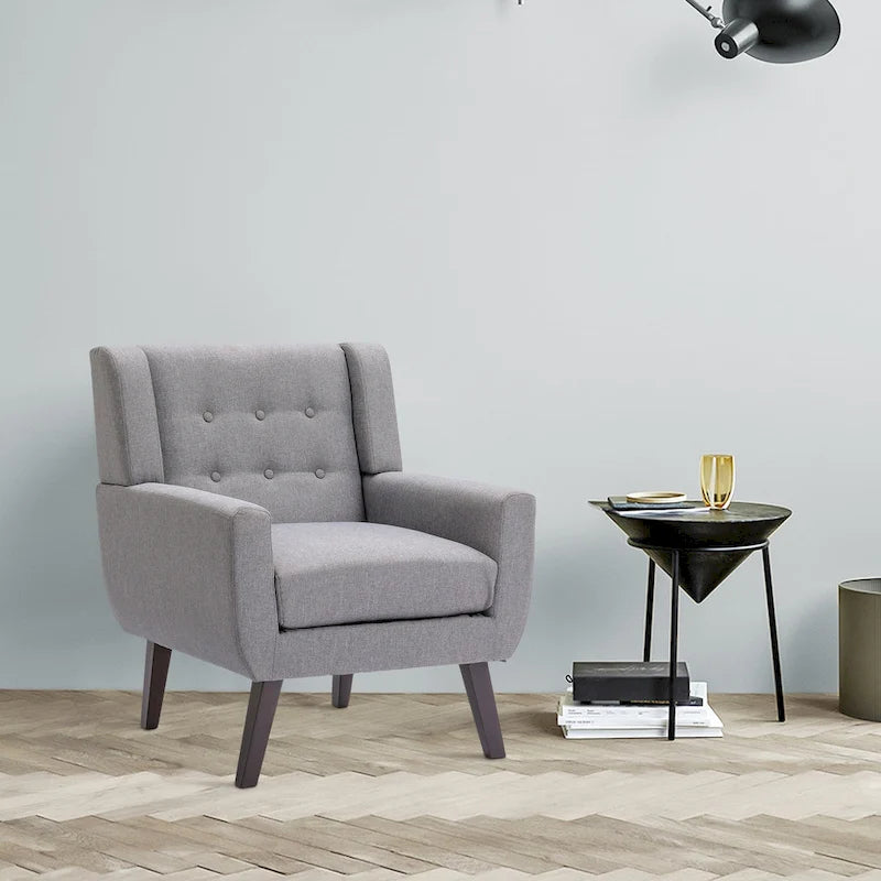 Poltrona singola in lino grigio/blu con schienale ad alette e bottoni capitonné