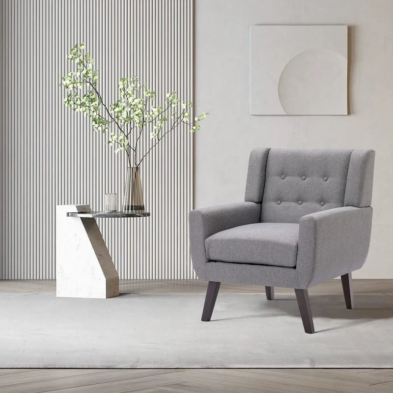 Poltrona singola in lino grigio/blu con schienale ad alette e bottoni capitonné