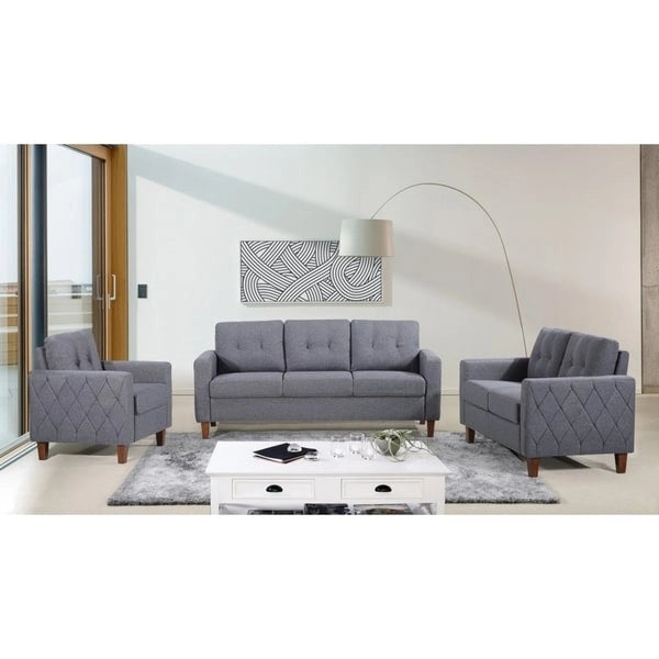 Set Divano Tufted Mid-Century Grigio Scuro / Beige / Grigio Chiaro, 3 Pezzi, 3 Posti
