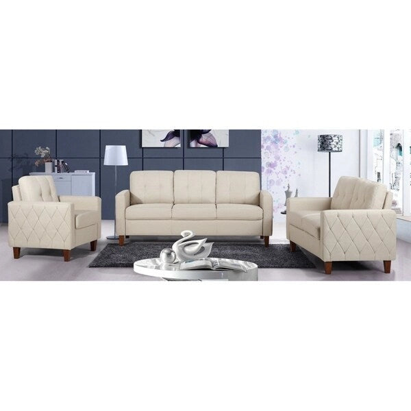 Set Divano Tufted Mid-Century Grigio Scuro / Beige / Grigio Chiaro, 3 Pezzi, 3 Posti