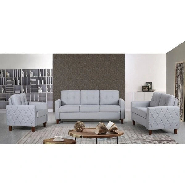 Set Divano Tufted Mid-Century Grigio Scuro / Beige / Grigio Chiaro, 3 Pezzi, 3 Posti