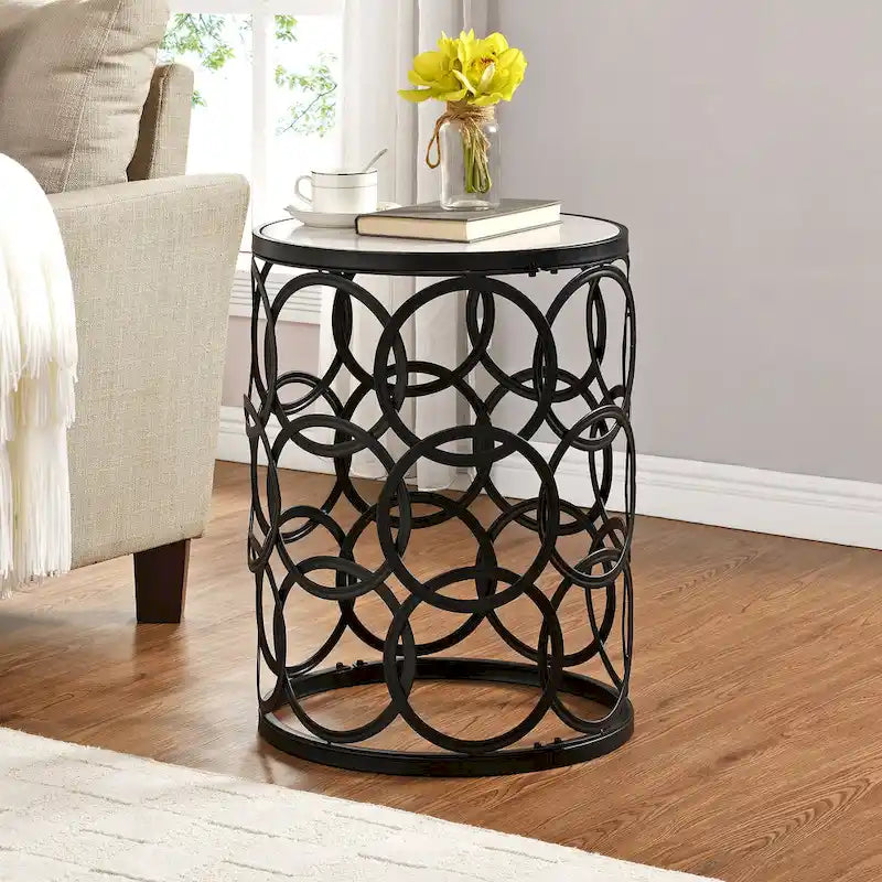 Tavolino d'appoggio a barile Oro/Nero/Argento, in ferro, per 1, 42,5 x 42,5 x 56 cm
