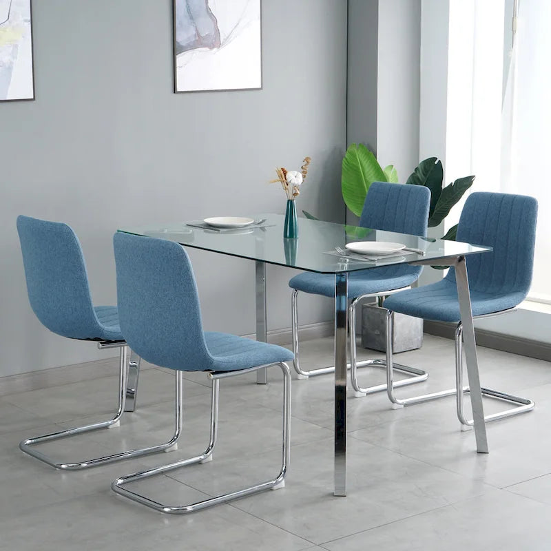 Sedia da pranzo imbottita con gambe in metallo, set da 4 (blu / grigio scuro / grigio chiaro)