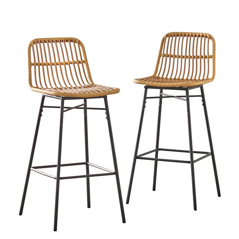 Sgabello da bar in rattan sintetico, naturale/nero, altezza bancone, set da 2