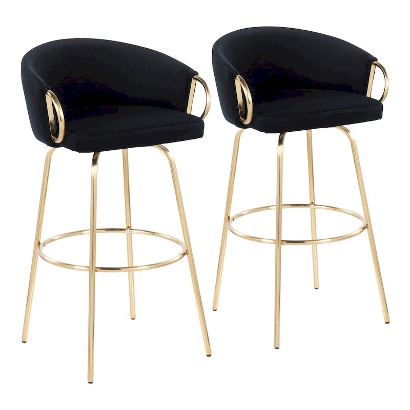 Sgabello da Bar in Velluto con Metallo Dorato, Altezza Fissa, Girevole a 360° – Set da 2