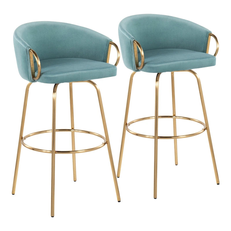 Sgabello da Bar in Velluto con Metallo Dorato, Altezza Fissa, Girevole a 360° – Set da 2