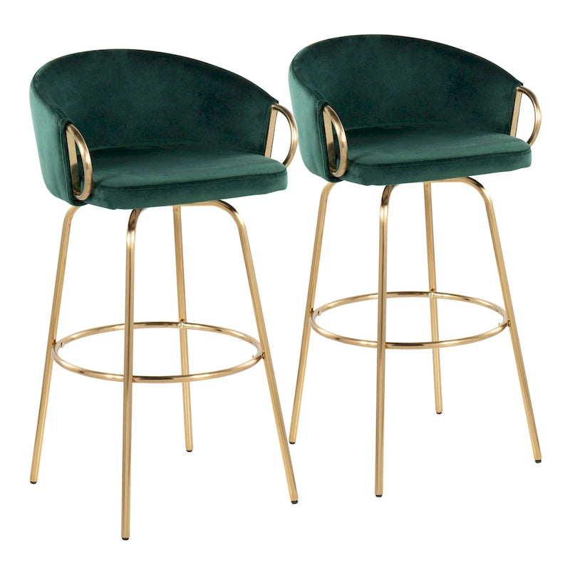 Sgabello da Bar in Velluto con Metallo Dorato, Altezza Fissa, Girevole a 360° – Set da 2