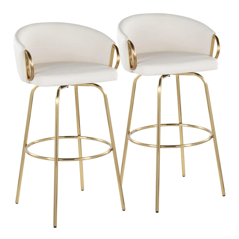 Sgabello da Bar in Velluto con Metallo Dorato, Altezza Fissa, Girevole a 360° – Set da 2