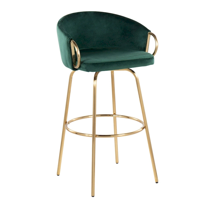 Sgabello da Bar in Velluto con Metallo Dorato, Altezza Fissa, Girevole a 360° – Set da 2
