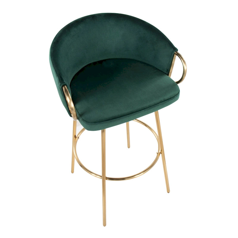 Sgabello da Bar in Velluto con Metallo Dorato, Altezza Fissa, Girevole a 360° – Set da 2