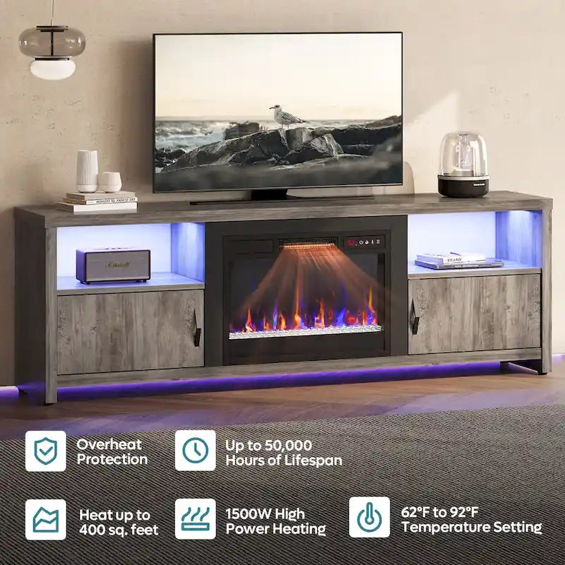 Mobile TV moderno con caminetto a LED, finitura Grey Wash / marmo nero / noce / pino, adatto per TV fino a 75"