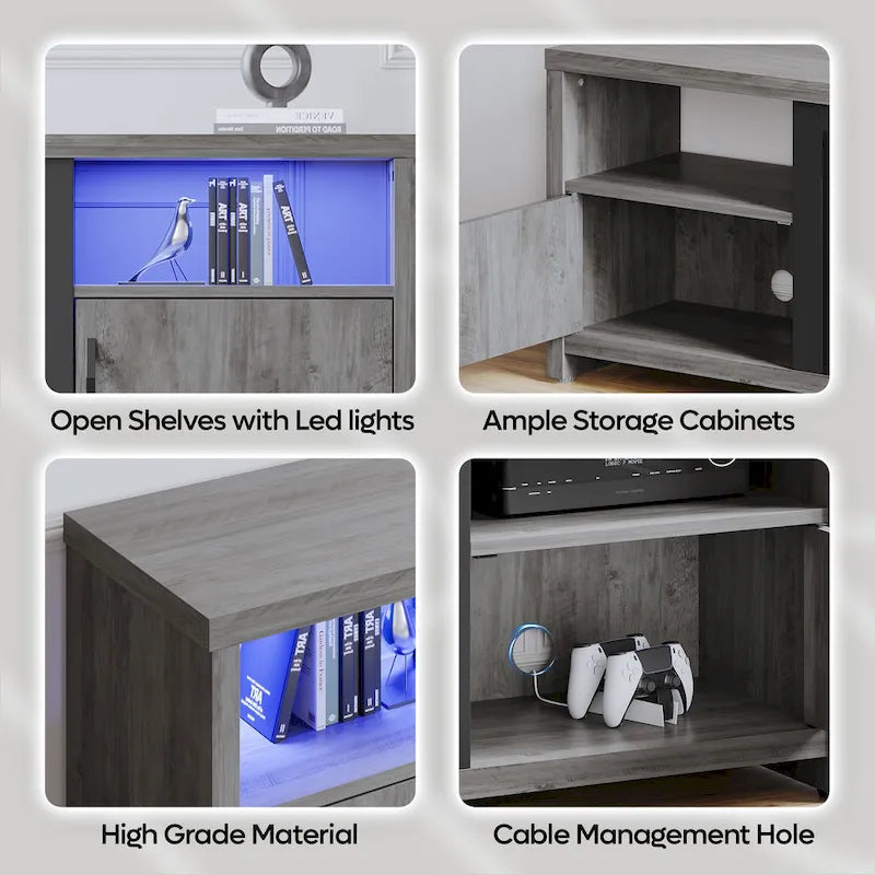 Mobile TV moderno con caminetto a LED, finitura Grey Wash / marmo nero / noce / pino, adatto per TV fino a 75"