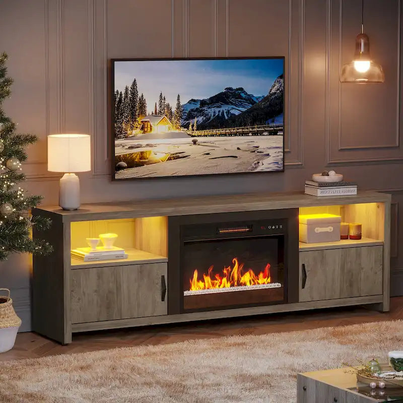 Mobile TV moderno con caminetto a LED, finitura Grey Wash / marmo nero / noce / pino, adatto per TV fino a 75"