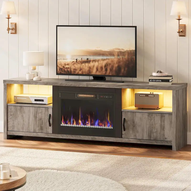 Mobile TV moderno con caminetto a LED, finitura Grey Wash / marmo nero / noce / pino, adatto per TV fino a 75"