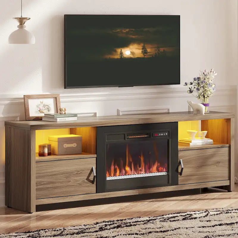 Mobile TV moderno con caminetto a LED, finitura Grey Wash / marmo nero / noce / pino, adatto per TV fino a 75"