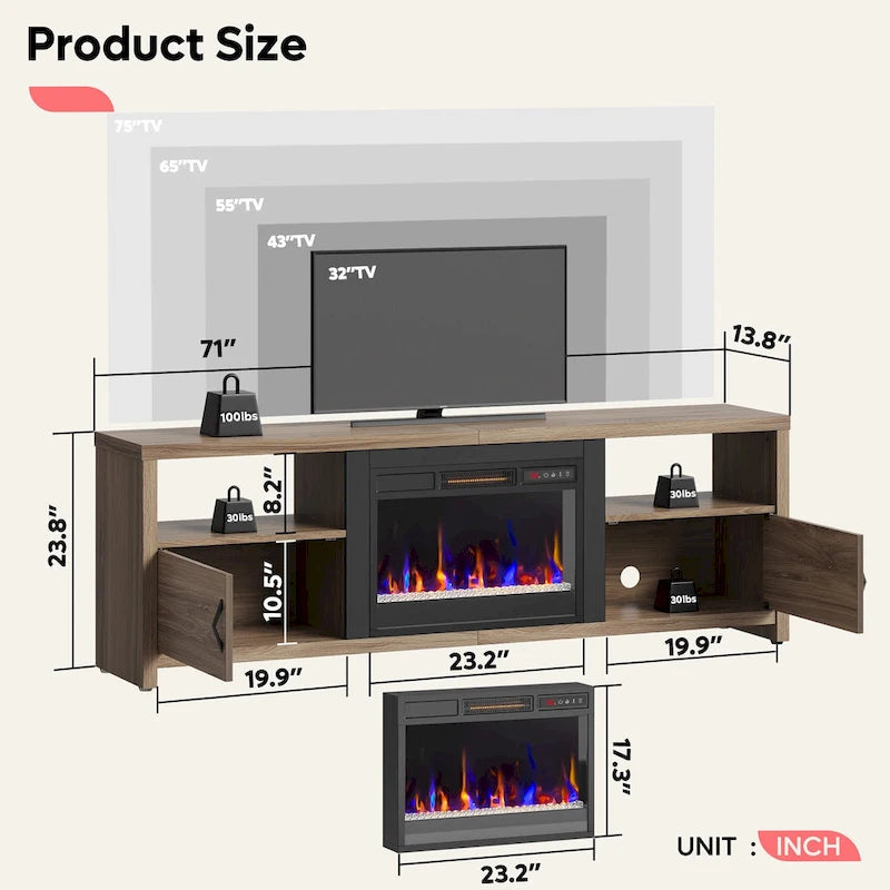 Mobile TV moderno con caminetto a LED, finitura Grey Wash / marmo nero / noce / pino, adatto per TV fino a 75"
