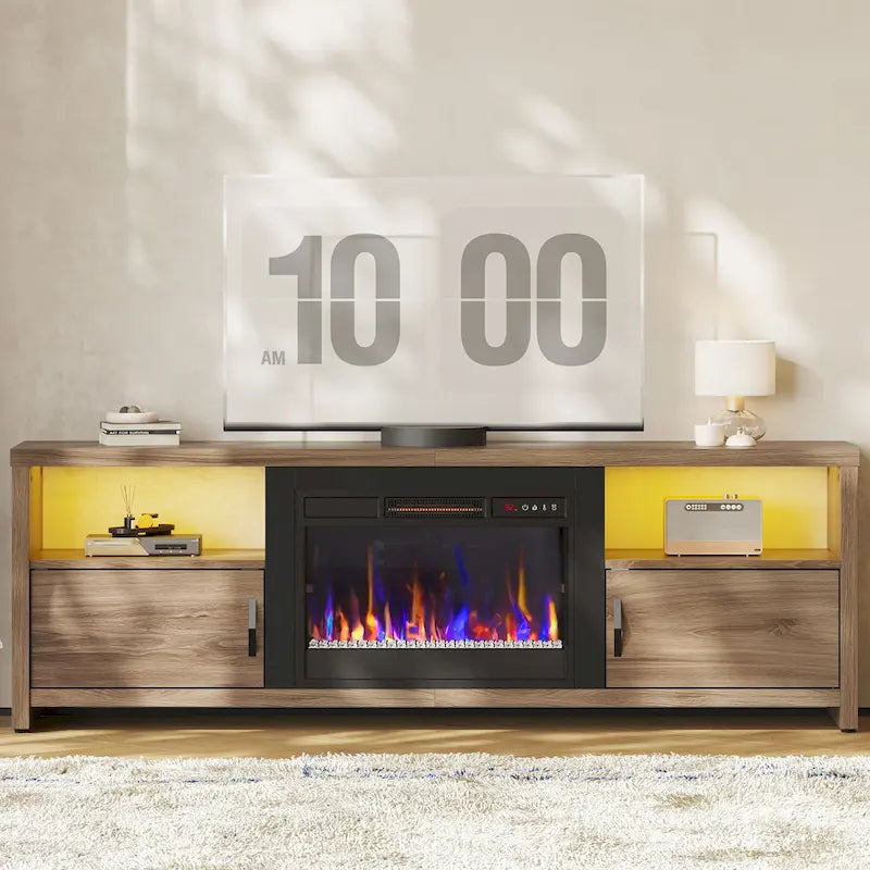Mobile TV moderno con caminetto a LED, finitura Grey Wash / marmo nero / noce / pino, adatto per TV fino a 75"