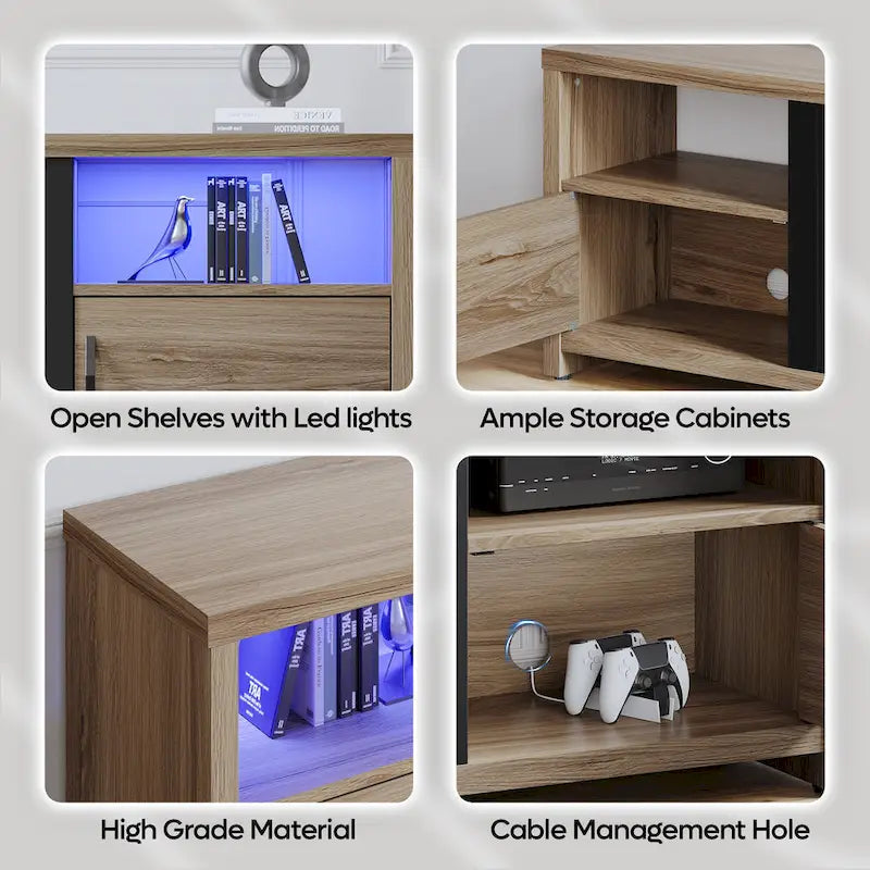 Mobile TV moderno con caminetto a LED, finitura Grey Wash / marmo nero / noce / pino, adatto per TV fino a 75"