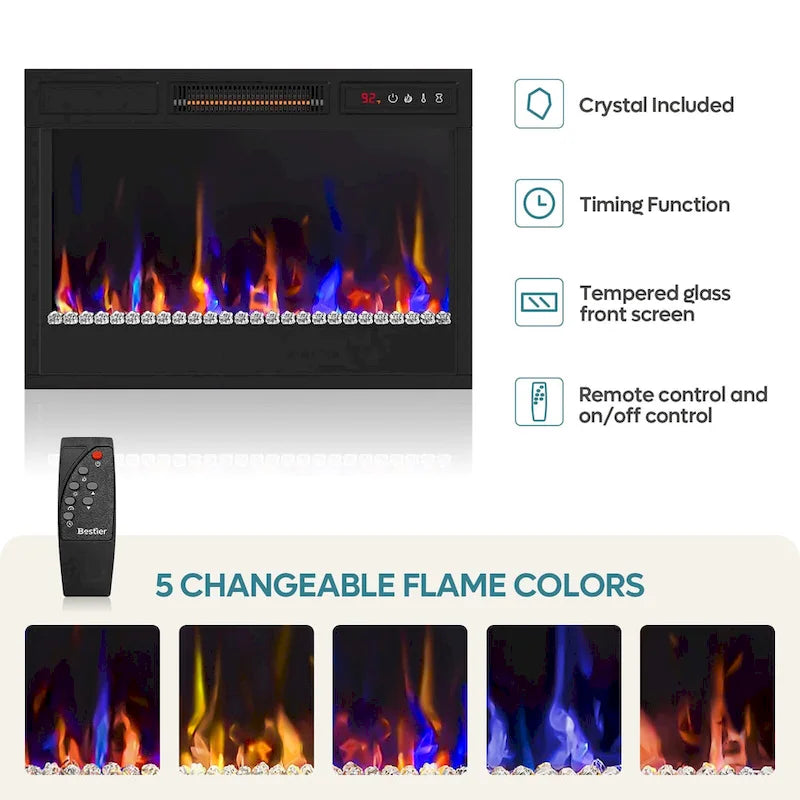 Mobile TV moderno con caminetto a LED, finitura Grey Wash / marmo nero / noce / pino, adatto per TV fino a 75"