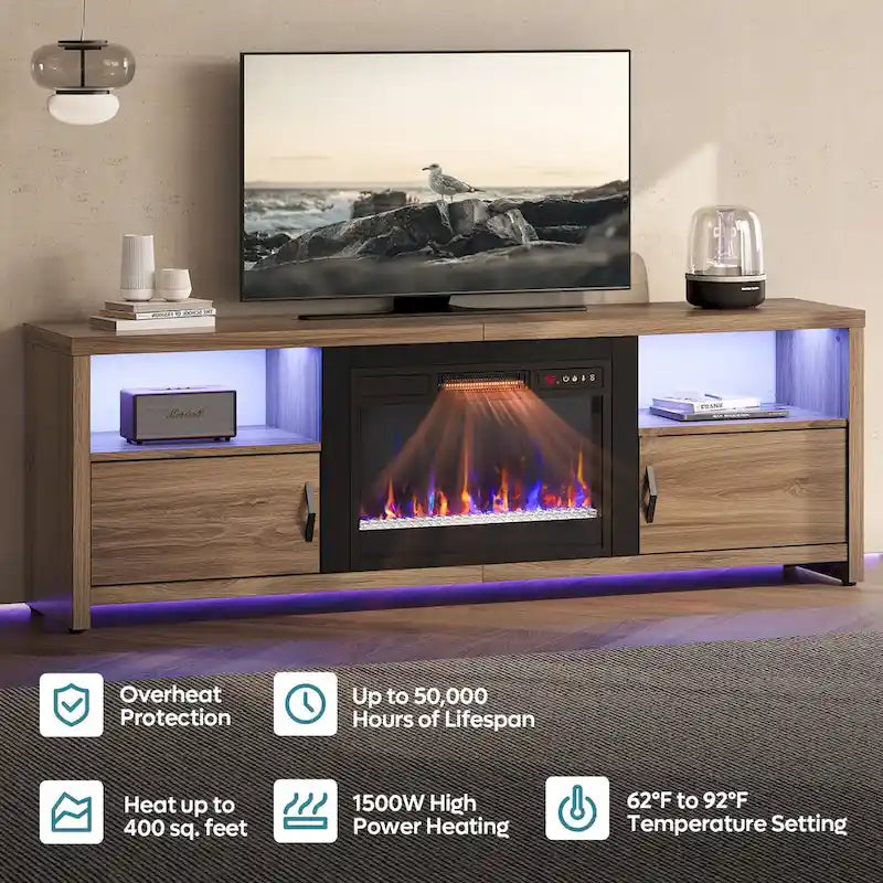 Mobile TV moderno con caminetto a LED, finitura Grey Wash / marmo nero / noce / pino, adatto per TV fino a 75"