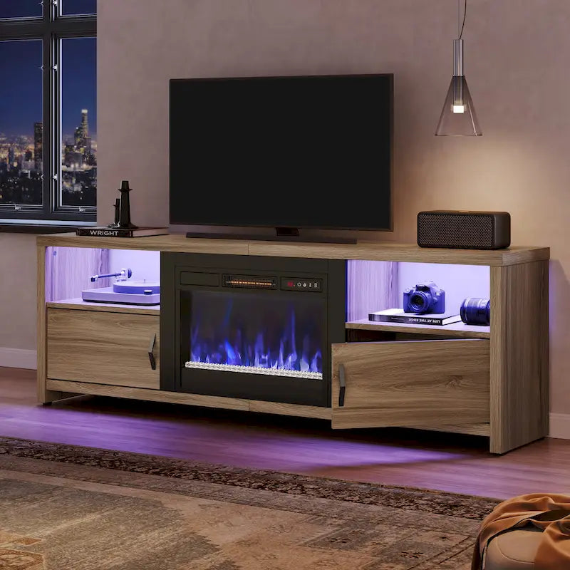 Mobile TV moderno con caminetto a LED, finitura Grey Wash / marmo nero / noce / pino, adatto per TV fino a 75"