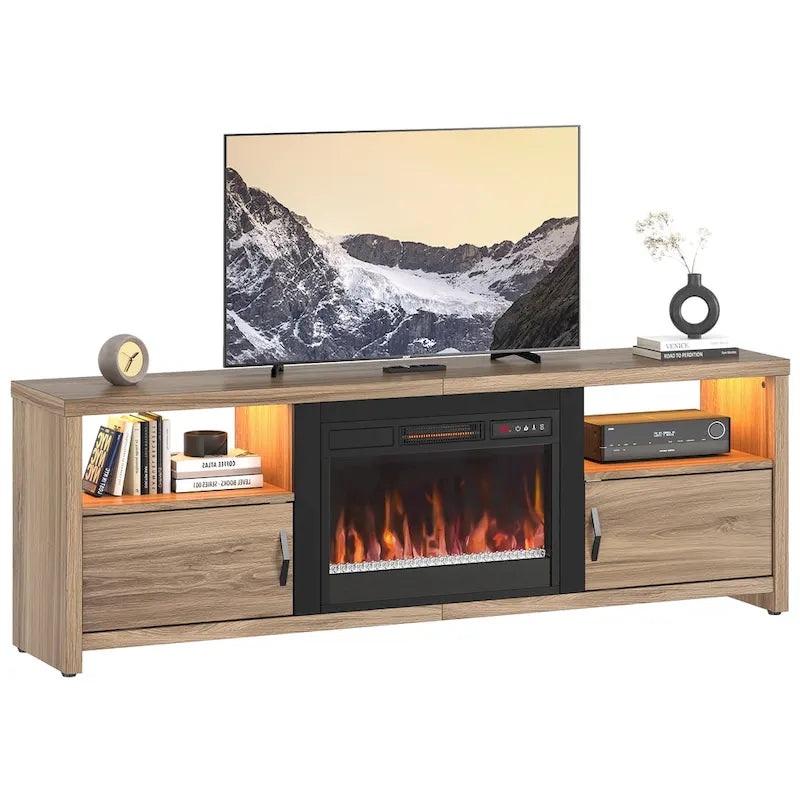 Mobile TV moderno con caminetto a LED, finitura Grey Wash / marmo nero / noce / pino, adatto per TV fino a 75"