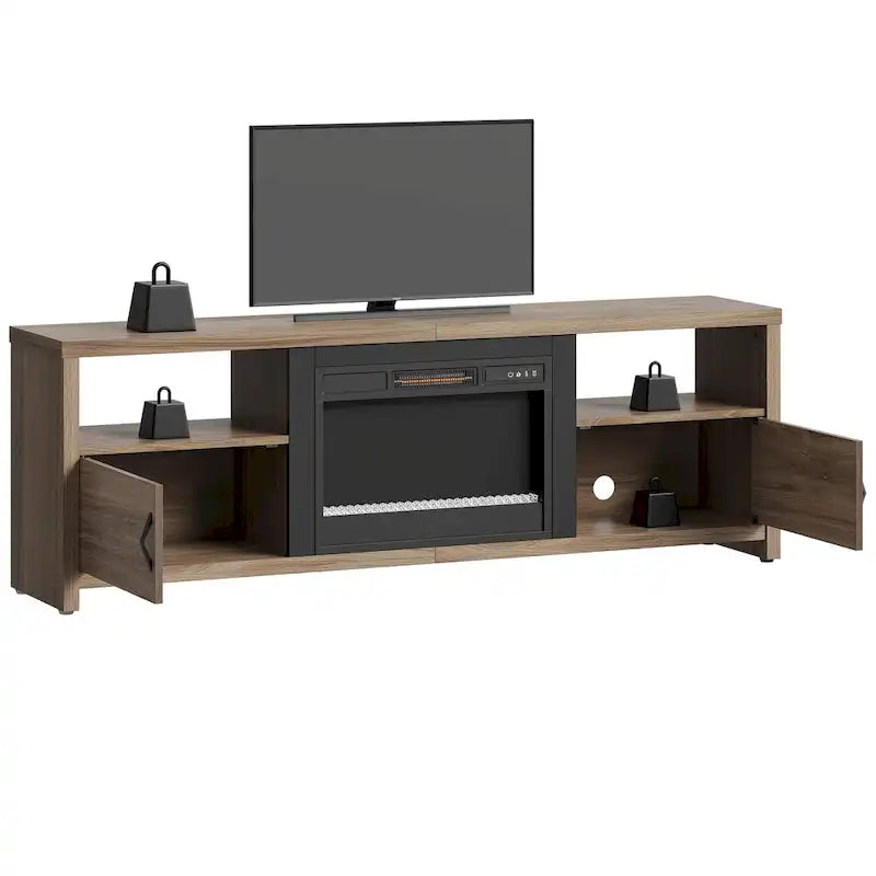 Mobile TV moderno con caminetto a LED, finitura Grey Wash / marmo nero / noce / pino, adatto per TV fino a 75"