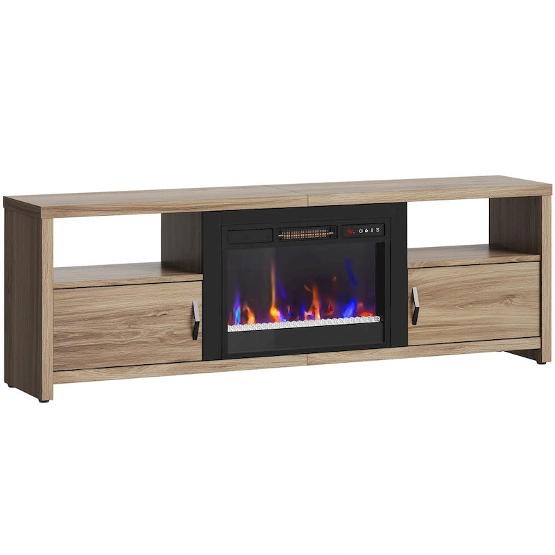 Mobile TV moderno con caminetto a LED, finitura Grey Wash / marmo nero / noce / pino, adatto per TV fino a 75"