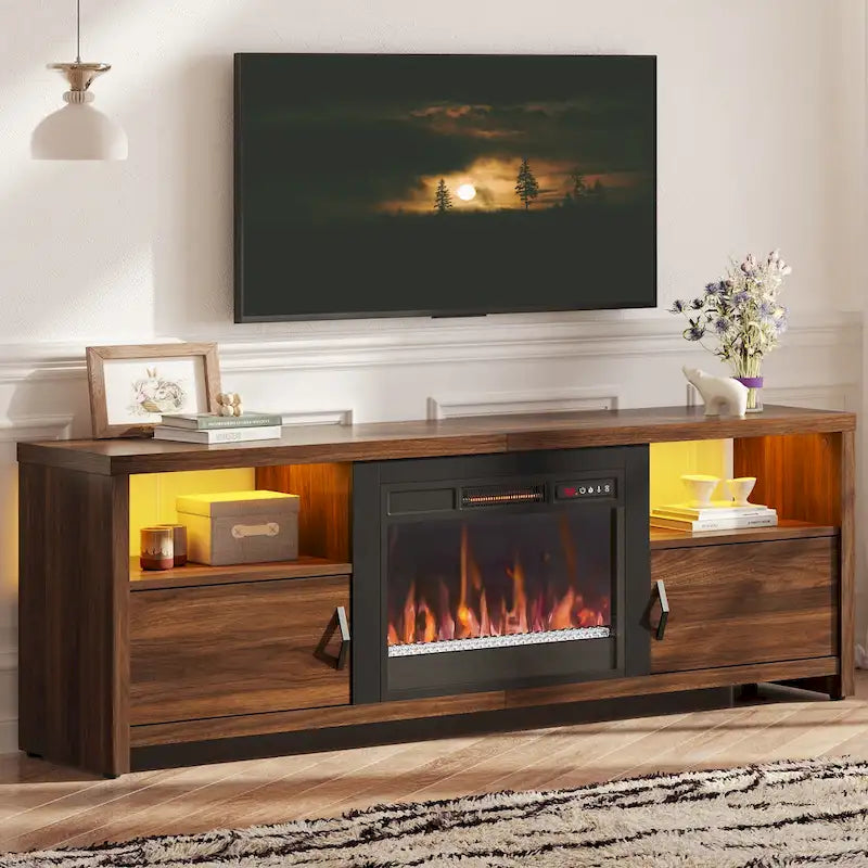 Mobile TV moderno con caminetto a LED, finitura Grey Wash / marmo nero / noce / pino, adatto per TV fino a 75"