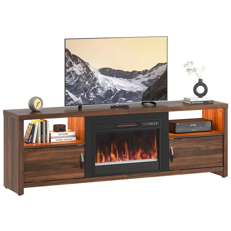 Mobile TV moderno con caminetto a LED, finitura Grey Wash / marmo nero / noce / pino, adatto per TV fino a 75"