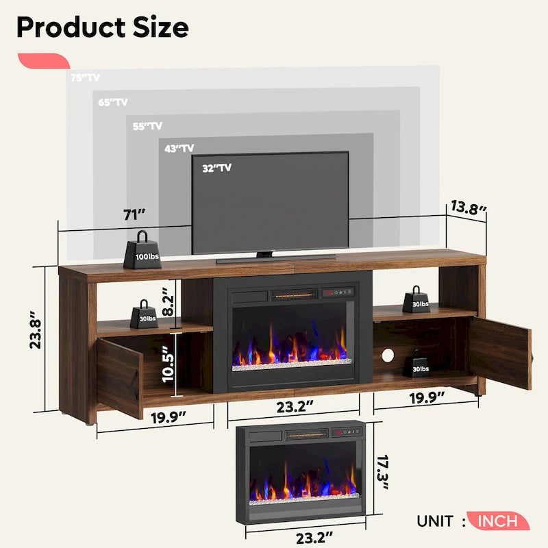 Mobile TV moderno con caminetto a LED, finitura Grey Wash / marmo nero / noce / pino, adatto per TV fino a 75"