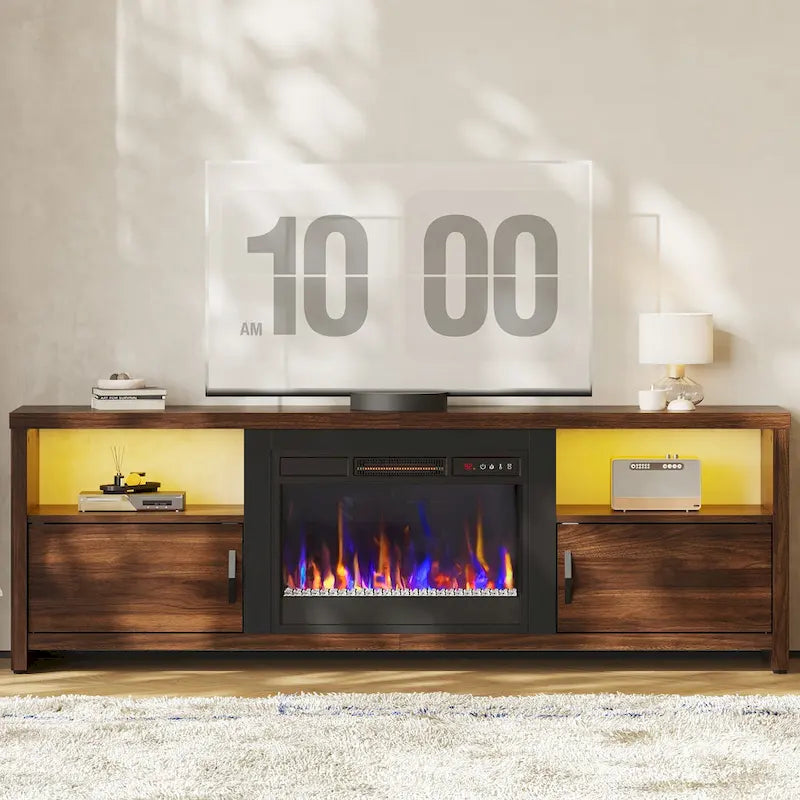 Mobile TV moderno con caminetto a LED, finitura Grey Wash / marmo nero / noce / pino, adatto per TV fino a 75"
