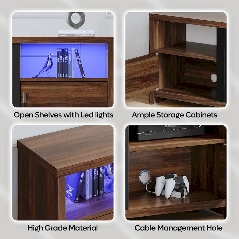 Mobile TV moderno con caminetto a LED, finitura Grey Wash / marmo nero / noce / pino, adatto per TV fino a 75"