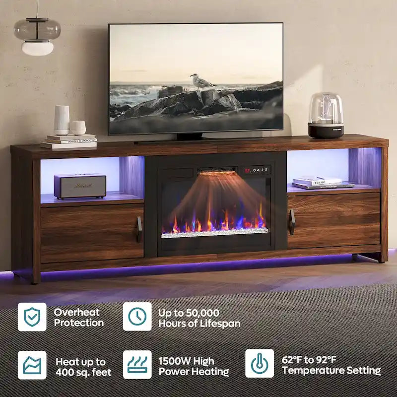 Mobile TV moderno con caminetto a LED, finitura Grey Wash / marmo nero / noce / pino, adatto per TV fino a 75"
