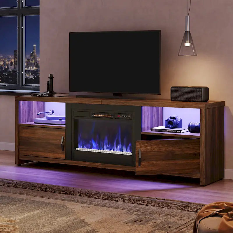 Mobile TV moderno con caminetto a LED, finitura Grey Wash / marmo nero / noce / pino, adatto per TV fino a 75"