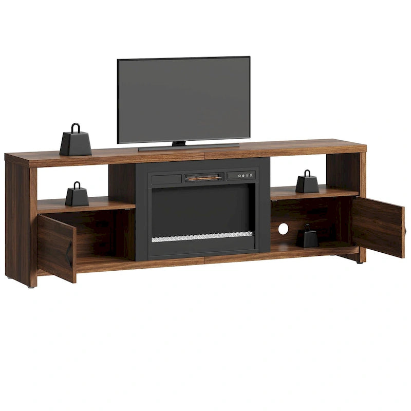 Mobile TV moderno con caminetto a LED, finitura Grey Wash / marmo nero / noce / pino, adatto per TV fino a 75"