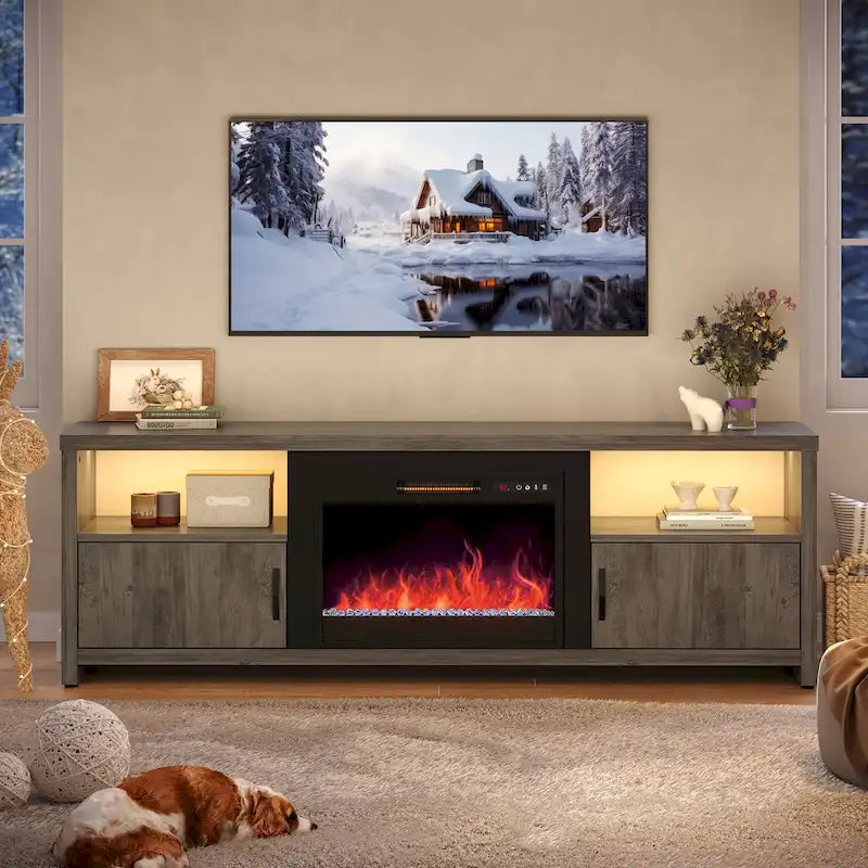 Mobile TV moderno con caminetto a LED, finitura Grey Wash / marmo nero / noce / pino, adatto per TV fino a 75"