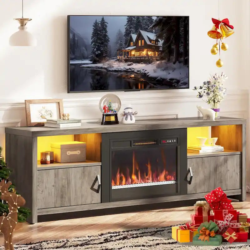 Mobile TV moderno con caminetto a LED, finitura Grey Wash / marmo nero / noce / pino, adatto per TV fino a 75"