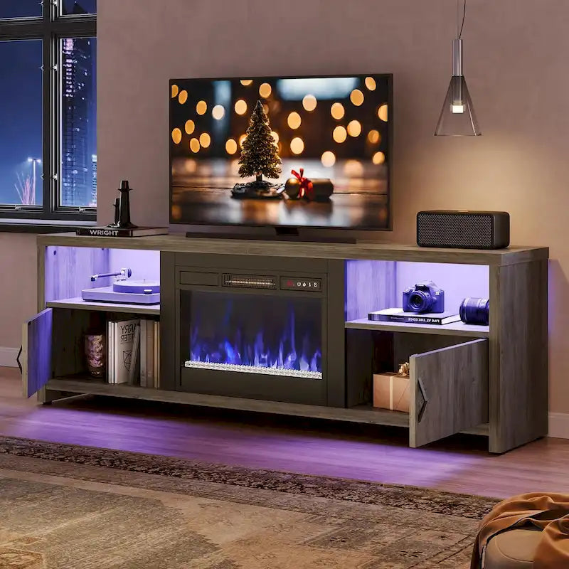 Mobile TV moderno con caminetto a LED, finitura Grey Wash / marmo nero / noce / pino, adatto per TV fino a 75"