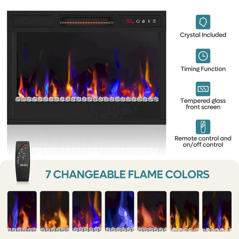 Mobile TV moderno con caminetto a LED, finitura Grey Wash / marmo nero / noce / pino, adatto per TV fino a 75"