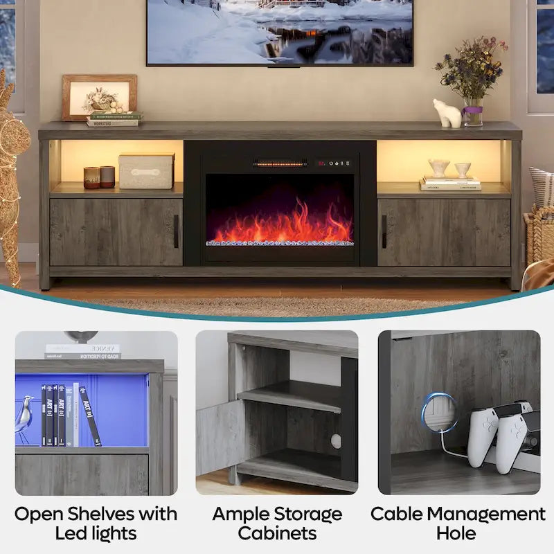 Mobile TV moderno con caminetto a LED, finitura Grey Wash / marmo nero / noce / pino, adatto per TV fino a 75"