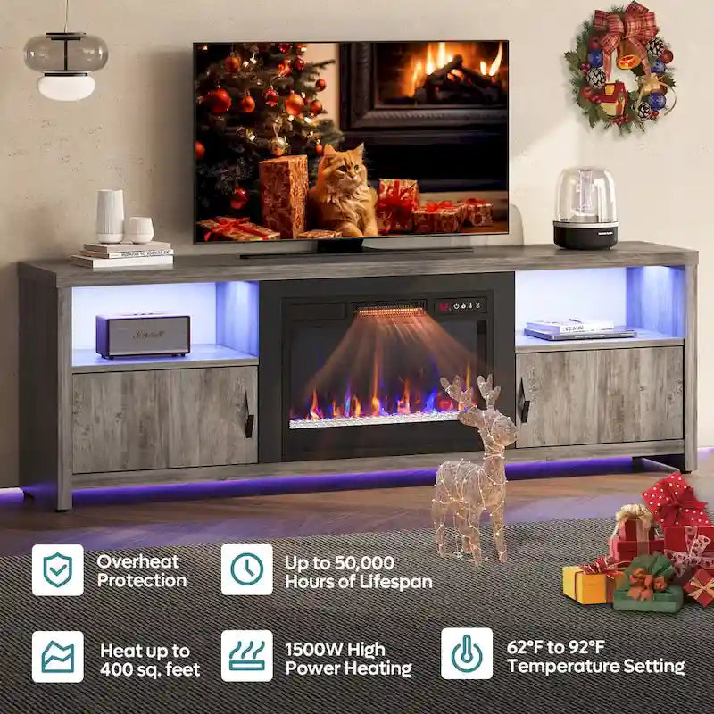 Mobile TV moderno con caminetto a LED, finitura Grey Wash / marmo nero / noce / pino, adatto per TV fino a 75"