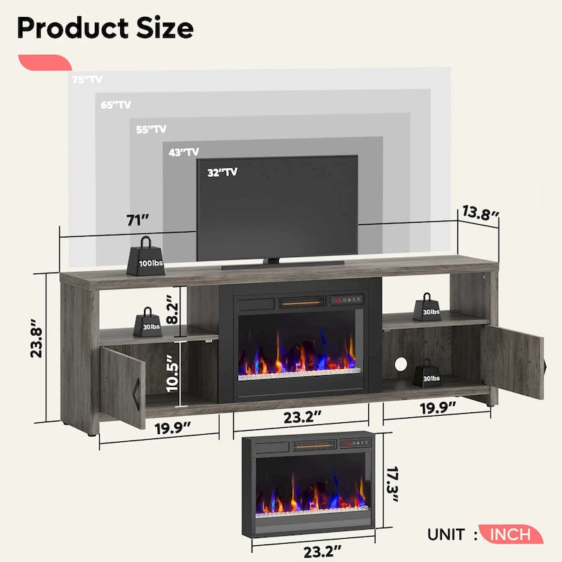 Mobile TV moderno con caminetto a LED, finitura Grey Wash / marmo nero / noce / pino, adatto per TV fino a 75"