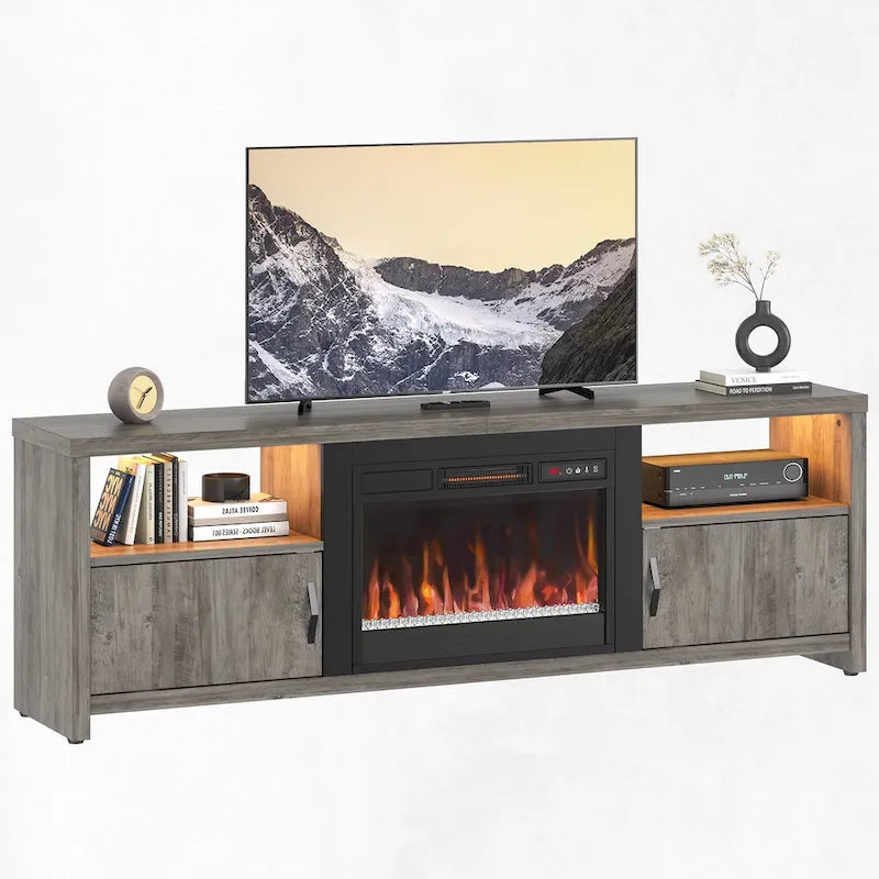 Mobile TV moderno con caminetto a LED, finitura Grey Wash / marmo nero / noce / pino, adatto per TV fino a 75"