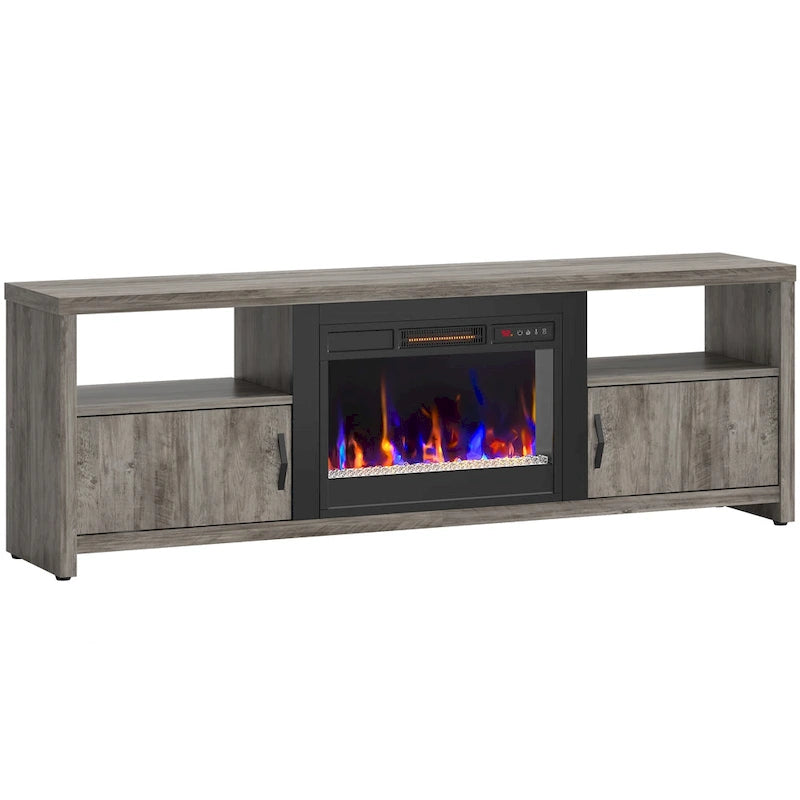 Mobile TV moderno con caminetto a LED, finitura Grey Wash / marmo nero / noce / pino, adatto per TV fino a 75"