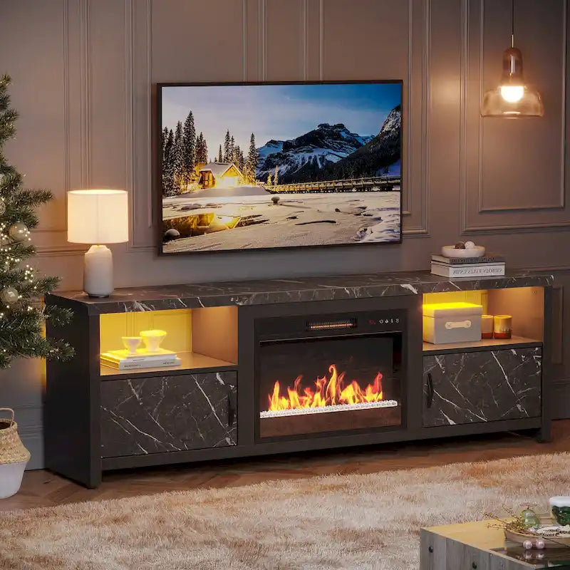 Mobile TV moderno con caminetto a LED, finitura Grey Wash / marmo nero / noce / pino, adatto per TV fino a 75"