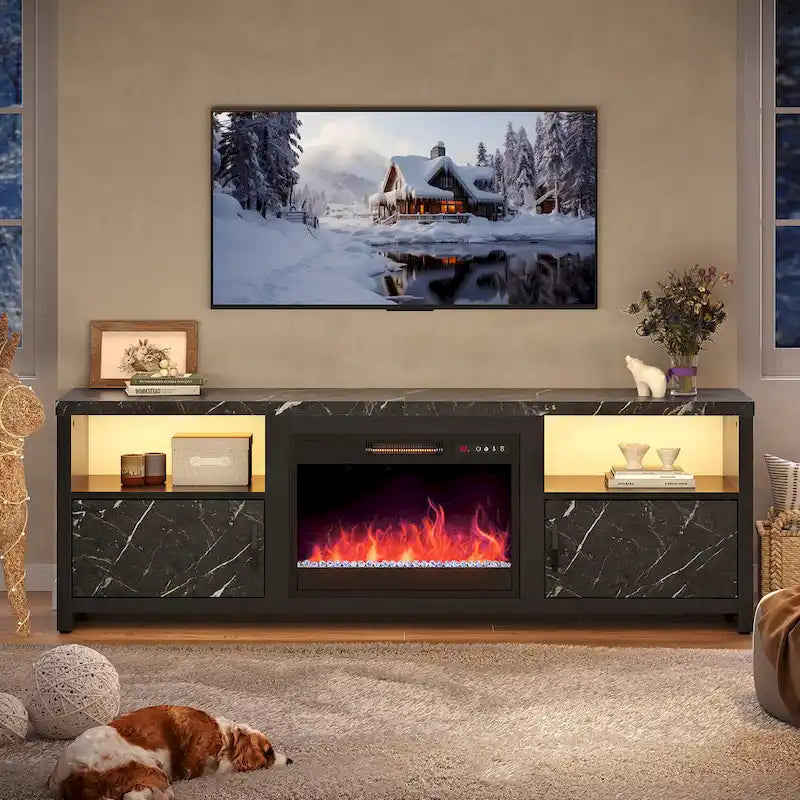 Mobile TV moderno con caminetto a LED, finitura Grey Wash / marmo nero / noce / pino, adatto per TV fino a 75"