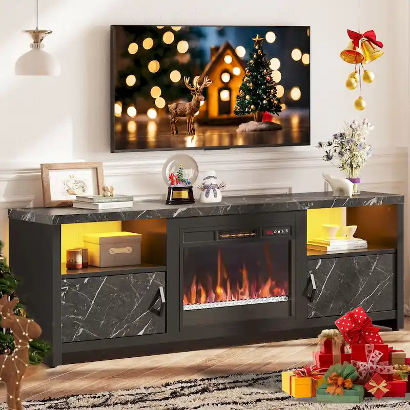 Mobile TV moderno con caminetto a LED, finitura Grey Wash / marmo nero / noce / pino, adatto per TV fino a 75"